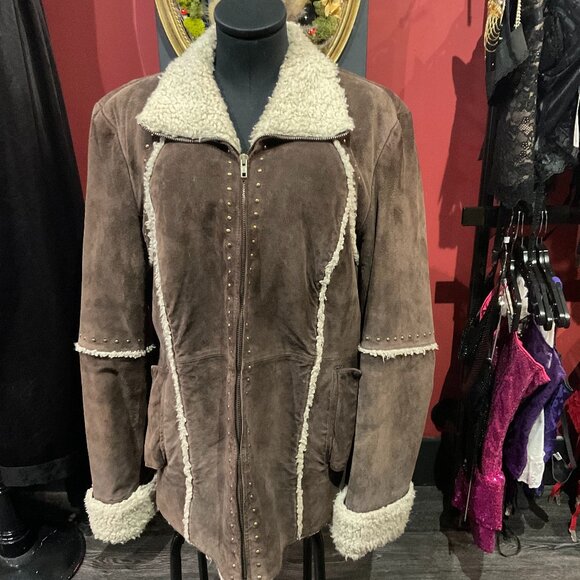 Vintage Bernardo Suede Full Zip Studded Sherpa Jacket Size XL Brown - Picture 1 of 2